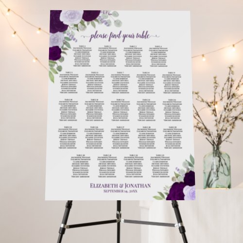Rustic Purple Roses 23 Table Wedding Seating Chart Foam Board