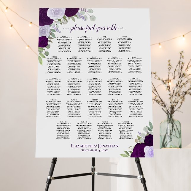 Rustic Purple Roses 23 Table Wedding Seating Chart Foam Board (In Situ (Stand))