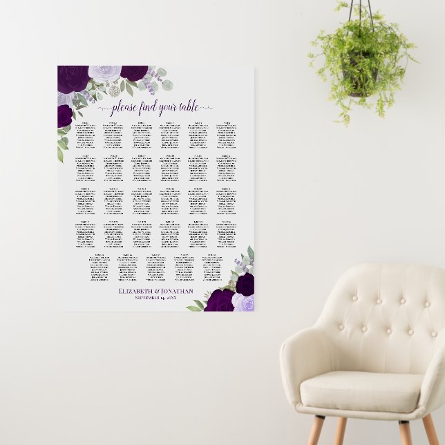 Rustic Purple Roses 29 Table Wedding Seating Chart Foam Board (In Situ (Wall))