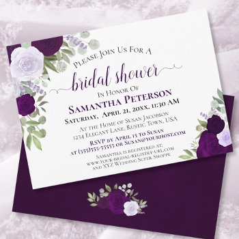 Rustic Purple Roses Elegant Floral Bridal Shower Invitation by ZingerBug at Zazzle