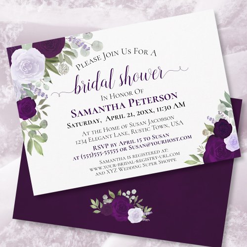 Rustic Purple Roses Elegant Floral Bridal Shower Invitation