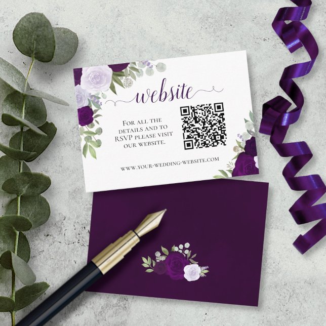 Rustic Purple Roses Wedding Website QR Code Enclosure Card (In Situ Front/Back)