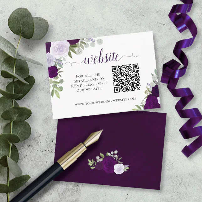 Rustic Purple Roses Wedding Website QR Code Enclosure Card
