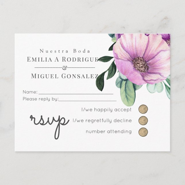 Rustic Purple RSVP Nuestra Boda Spanish Wedding Invitation Postcard (Front)