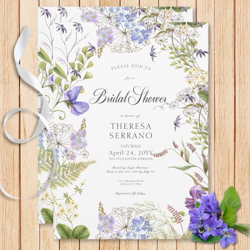 Rustic Purple Sage Wildflower White Bridal Shower Invitation