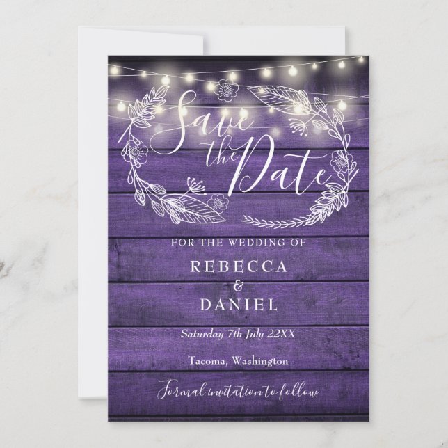 Rustic Purple String Lights Floral Photo Wedding Save The Date (Front)
