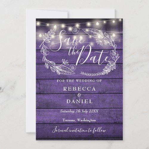 Rustic Purple String Lights Floral Photo Wedding Save The Date