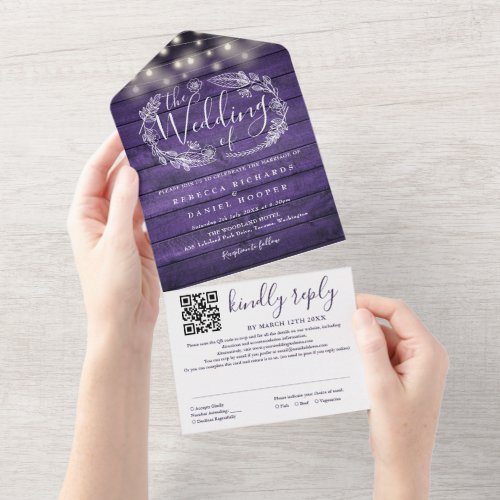 Rustic Purple String Lights Floral QR Code Wedding All In One Invitation
