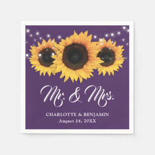 Rustic Purple String Lights Sunflower Wedding Napkins