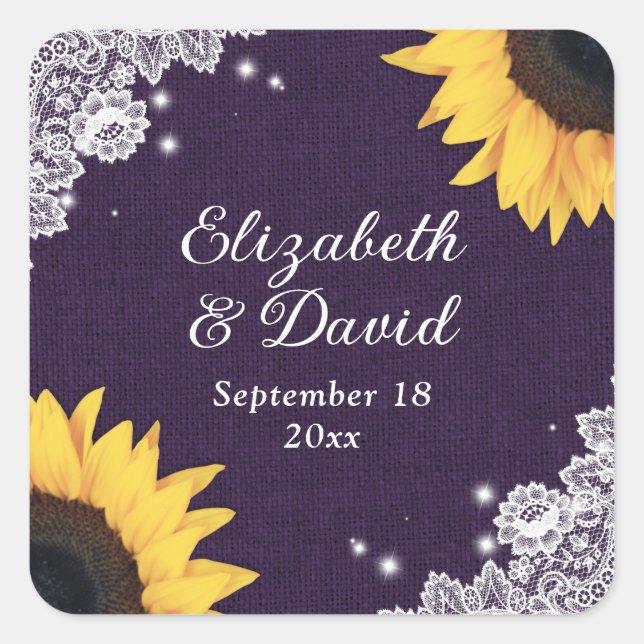 Rustic Purple Sunflower Burlap and Lace Wedding Square Sticker (Front)
