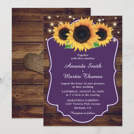 Rustic Purple Sunflower Greenery Wedding Invitation | Zazzle