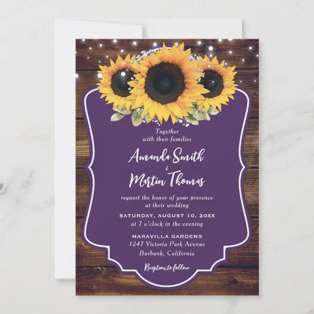 Rustic Purple Sunflower Greenery Wedding Invitation | Zazzle