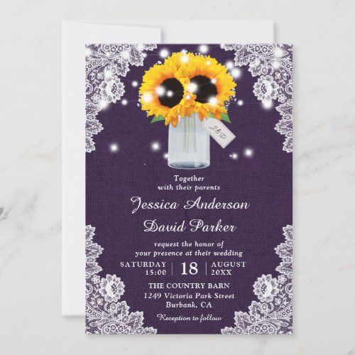 Rustic Purple Sunflower Mason Jar Burlap Wedding Invitation