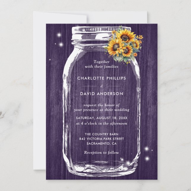 Rustic Purple Sunflower Mason Jar Wedding Invitation (Front)