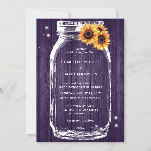 Rustic Purple Sunflower Mason Jar Wedding Invitation
