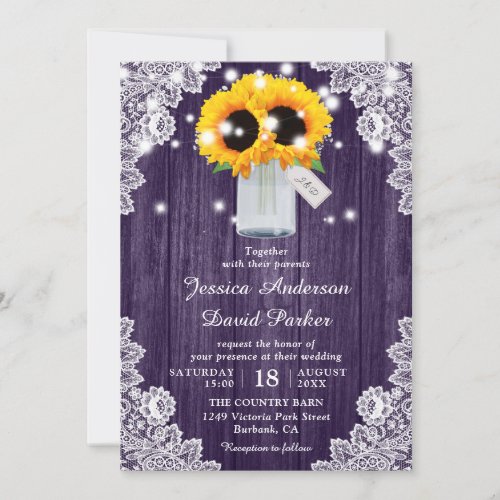 Rustic Purple Sunflower Mason Jar Wood Wedding Inv Invitation