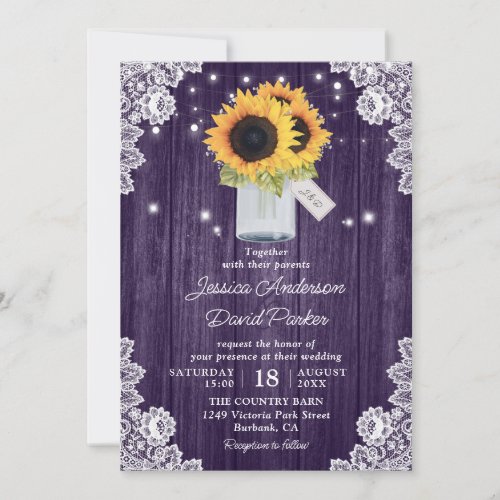 Rustic Purple Sunflower Mason Jar Wood Wedding Invitation