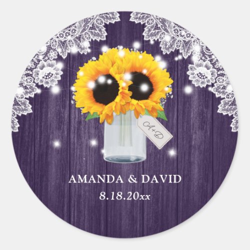 Rustic Purple Sunflower Monogram Wedding Stickers