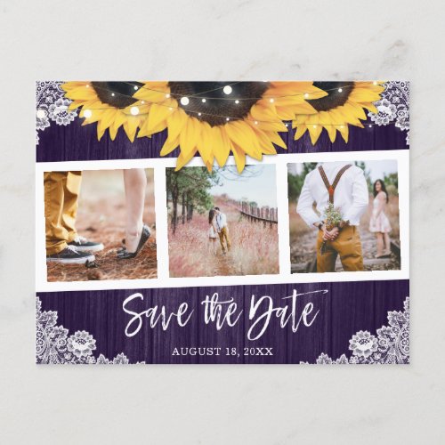 Rustic Purple Sunflower Photo Save The Date Announcement Postcard