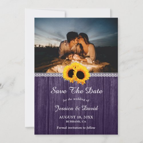 Rustic Purple Sunflower Photo Save The Date Cards