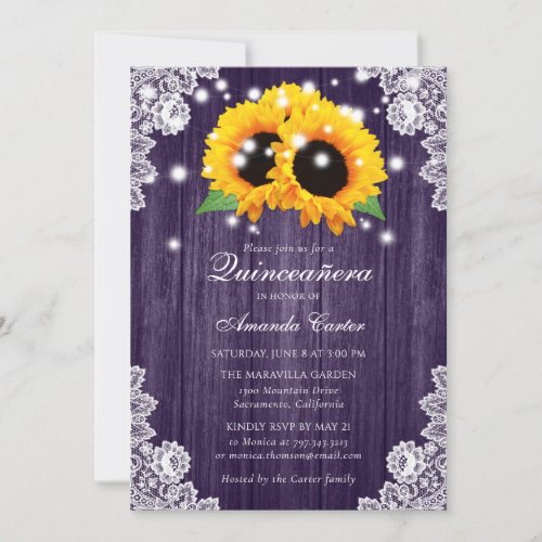 Rustic Purple Sunflower Quinceaera Invitations