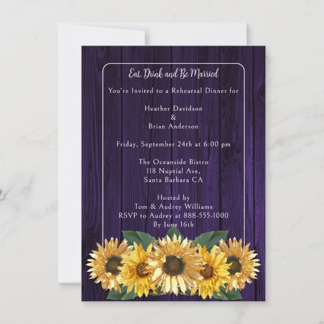 Rustic Purple Sunflower Rehearsal Dinner Invitation (Front)