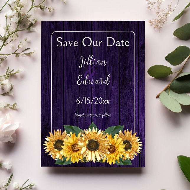 Rustic Purple Sunflower Save The Date Announcement (Rustic Purple Sunflower Save the Date)