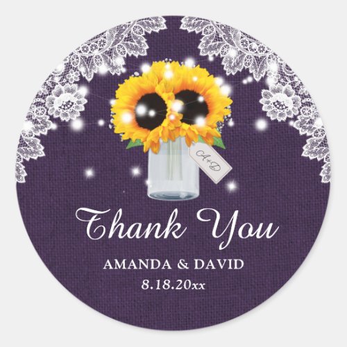 Rustic Purple Sunflower Thank You Wedding Stickers