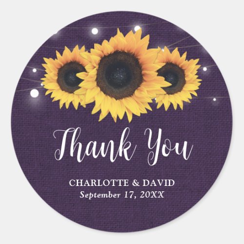 Rustic Purple Sunflower Wedding Favor Classic Round Sticker