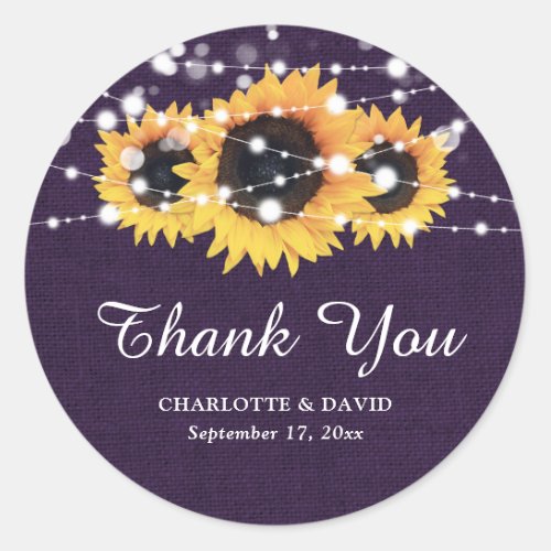 Rustic Purple Sunflower Wedding Favor Classic Round Sticker