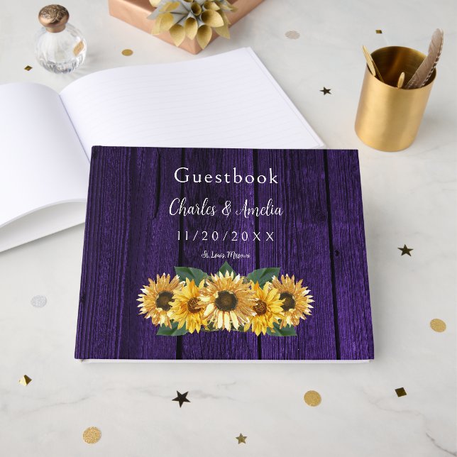 Rustic Purple Sunflower Wedding Guest Book (Front Open)