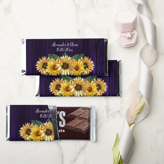 Rustic Purple Sunflower Wedding Hershey Bar Favors (Front)