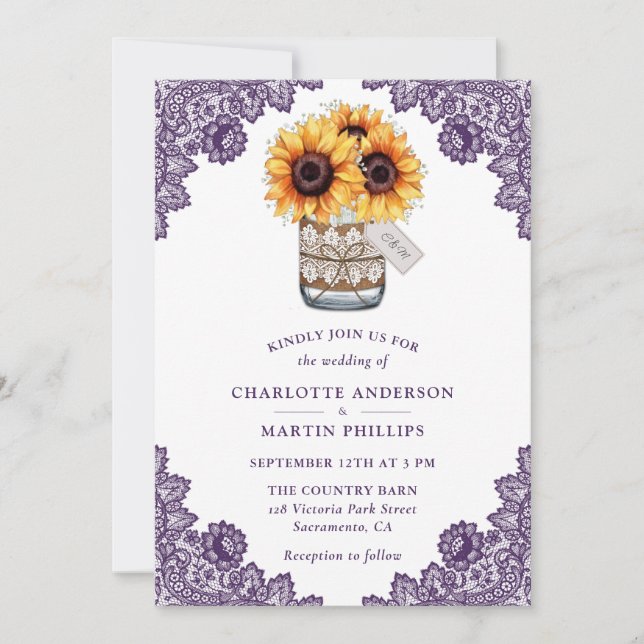 Rustic Purple Sunflower Wedding Invitation (Front)