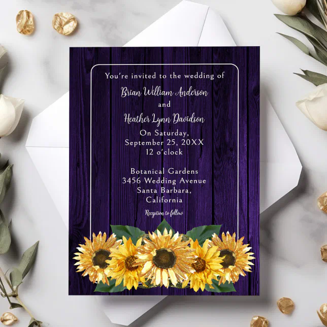 Rustic Purple Sunflower Wedding Invitation | Zazzle