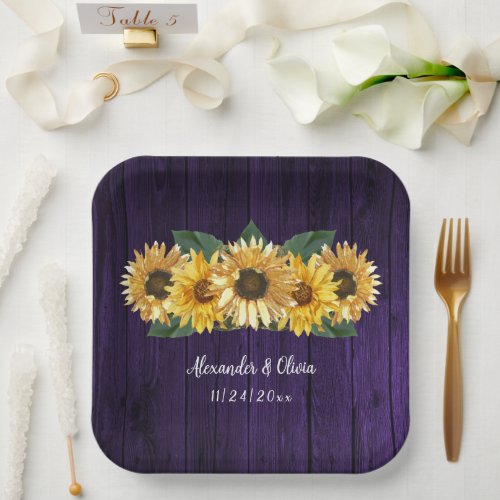 Rustic Purple Sunflower Wedding Paper Plates