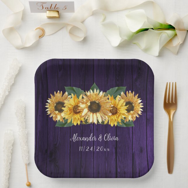 Rustic Purple Sunflower Wedding Paper Plates (Wedding)