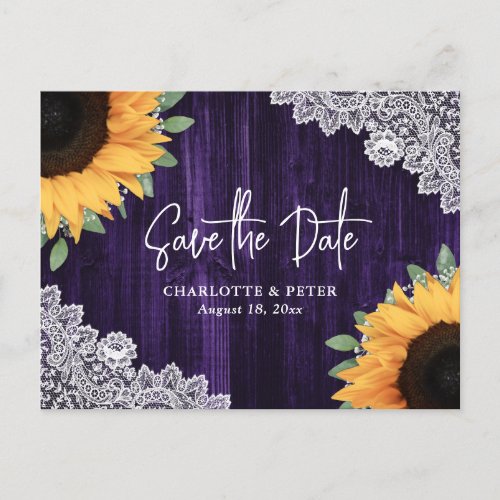 Rustic Purple Sunflower Wedding Save The Date Announcement Postcard