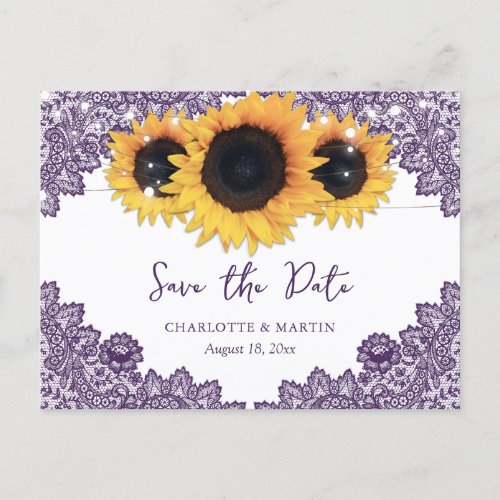 Rustic Purple Sunflower Wedding Save The Date Announcement Postcard