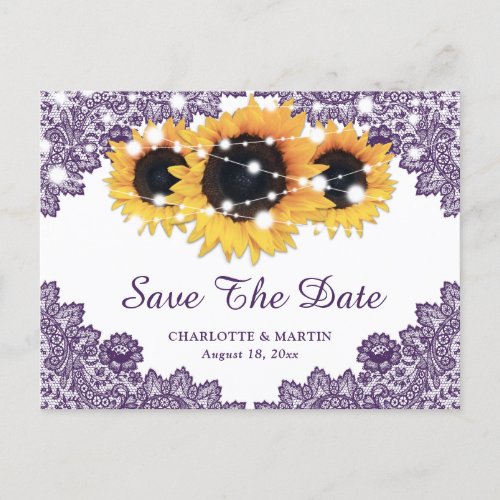 Rustic Purple Sunflower Wedding Save The Date Announcement Postcard