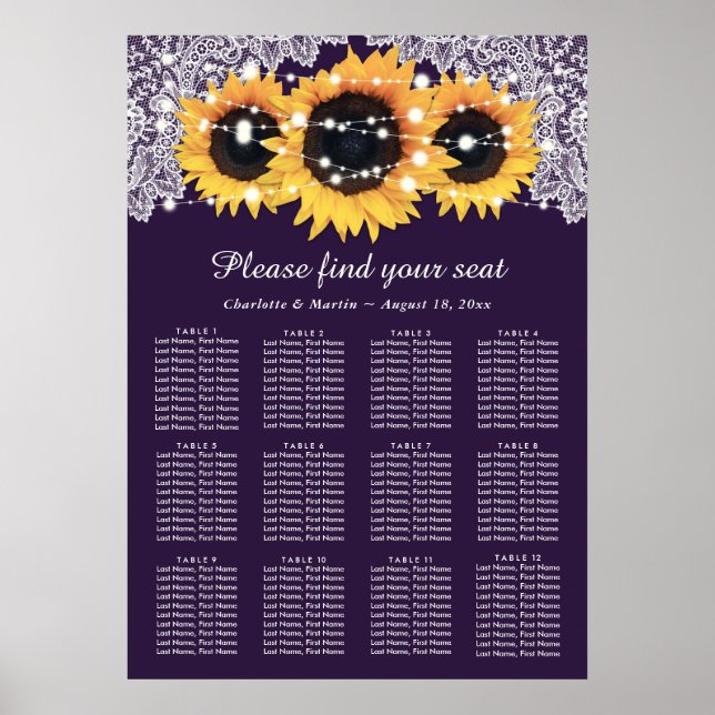 Rustic Purple Sunflower Wedding Seating Chart 12 (Front)