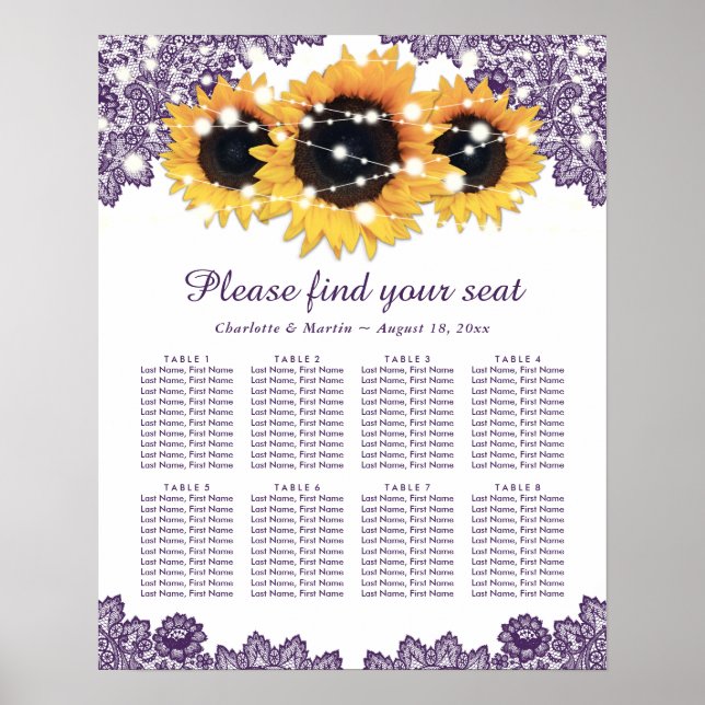 Rustic Purple Sunflower Wedding Seating Chart 8 (Front)