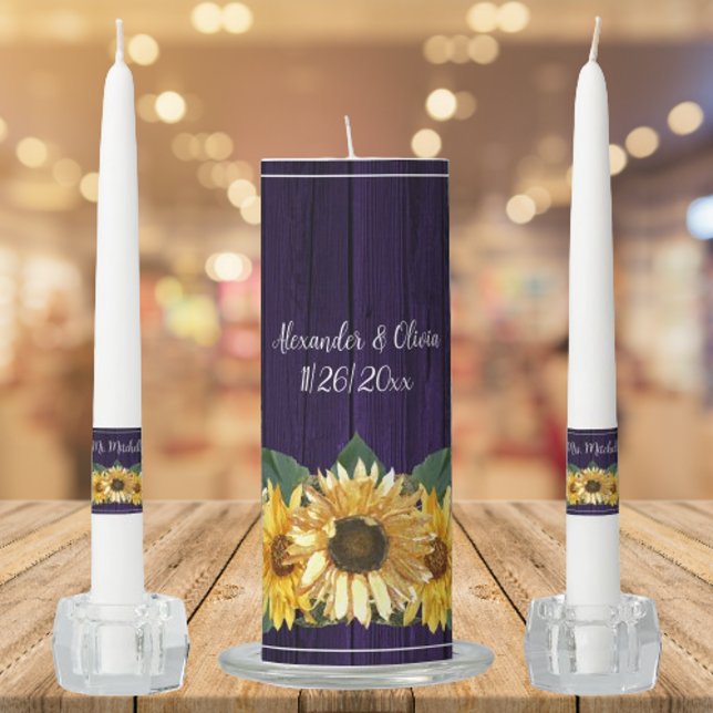 Rustic Purple Sunflower Wedding Unity Candle Set (Purple Rustic Sunflower Wedding Unity Candle Set)