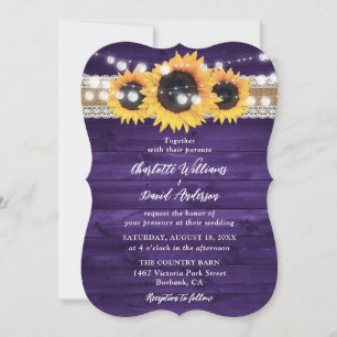 Rustic Purple Sunflower Wood String Lights Wedding Invitation