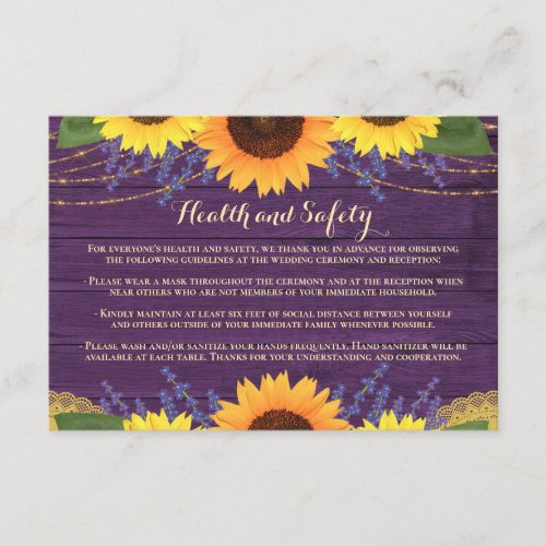 Rustic Purple Sunflowers Wedding Health and Safety Enclosure Card