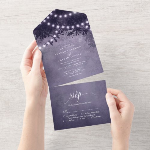 Rustic Purple Tree String Lights Wedding All In One Invitation