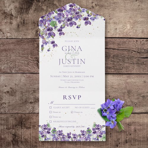 Rustic Purple Violets Gold Sparkle Dinner All In One Invitation