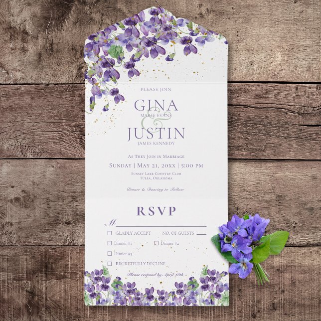 Rustic Purple Violets Gold Sparkle Dinner All In One Invitation (Rustic Purple Violets Gold Sparkle All In One Wedding Invitation with Dinner Options)