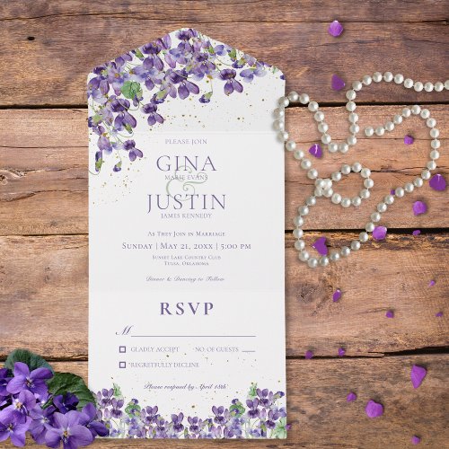 Rustic Purple Violets Gold Sparkle No Dinner All In One Invitation