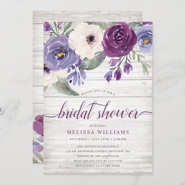 Rustic Purple Watercolor Floral Bridal Shower Invitation (Front/Back)