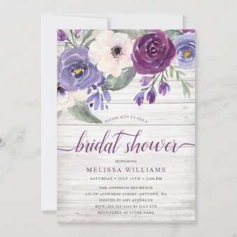 Rustic Purple Watercolor Floral Bridal Shower Invitation | Zazzle